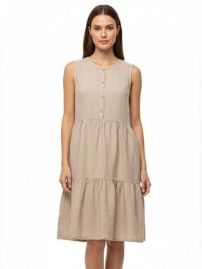 MANTAIKOTAI Sleeveless Cream Linen Tiered Dress
